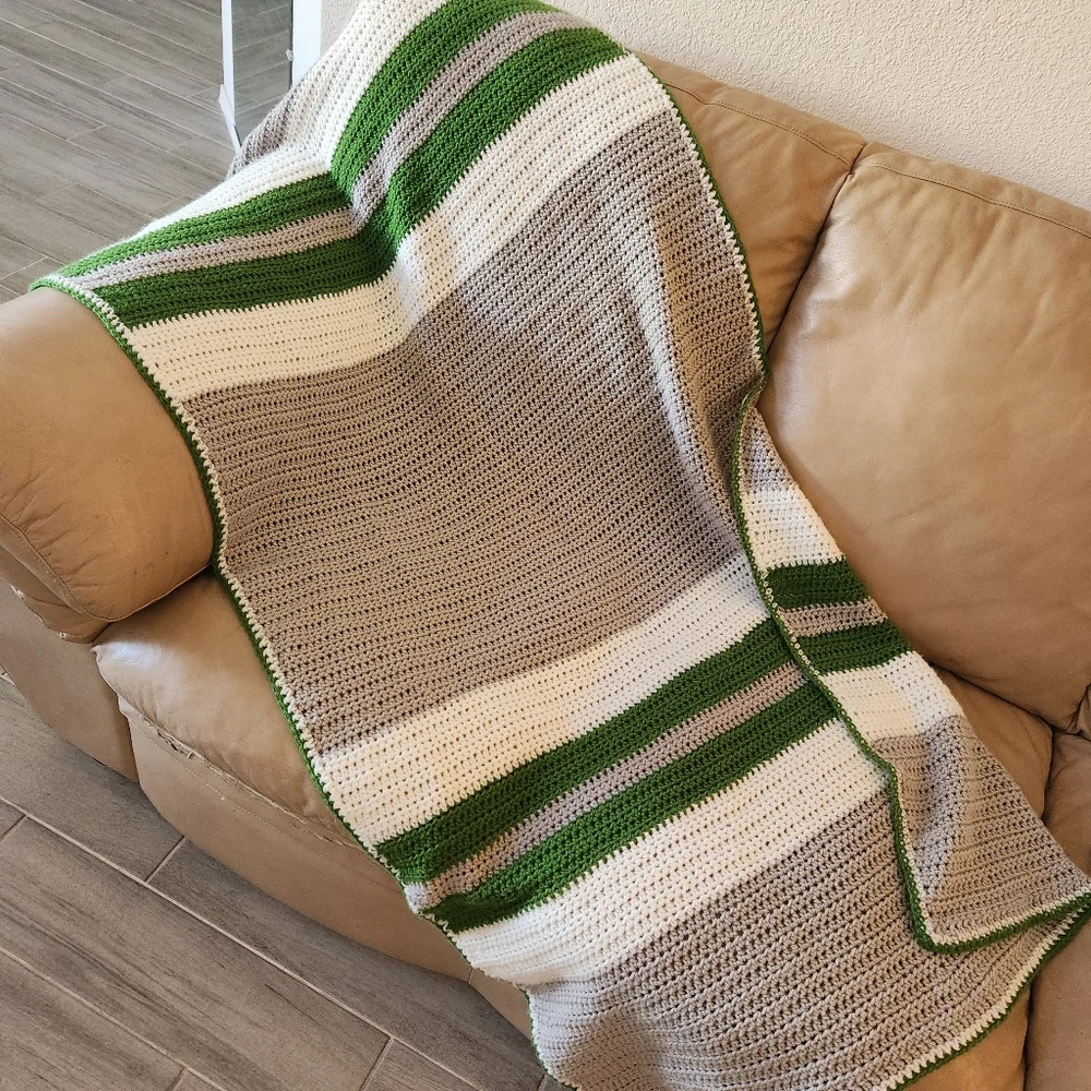 Hand knit blanket grey green wool blend stripes crochet throw couch runner decor